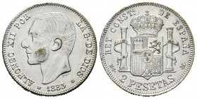 Alfonso XII (1874-1885). 2 pesetas. 1883*18-83. 7,95 g. Contemporary counterfeit. Well struck. XF. Est...35,00. 


 SPANISH DESCRIPTION: Centenario...