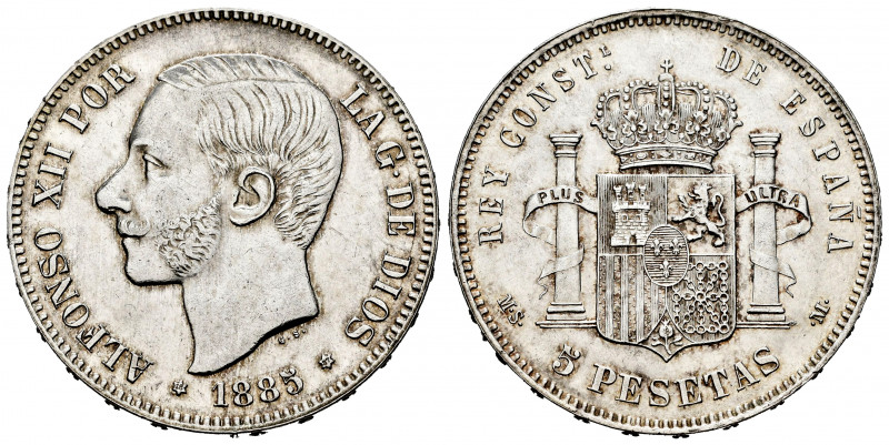 Alfonso XII (1874-1885). 5 pesetas. 1885 *18-87. Madrid. MSM. (Cal-62). Ag. 25,0...