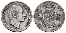 Alfonso XII (1874-1885). 20 centavos. 1883. Manila. (Cal-109). Ag. 5,04 g. Minor nicks on edge. Almost VF. Est...50,00. 


 SPANISH DESCRIPTION: Ce...