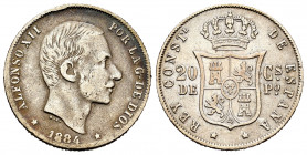 Alfonso XII (1874-1885). 20 centavos. 1884. Manila. (Cal-110). Ag. 5,02 g. Choice F. Est...35,00. 


 SPANISH DESCRIPTION: Centenario de la Peseta ...