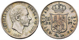 Alfonso XII (1874-1885). 20 centavos. 1885. Manila. (Cal-111). Ag. 5,20 g. Light wavy flan. Choice VF/VF. Est...35,00. 


 SPANISH DESCRIPTION: Cen...
