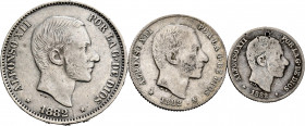 Alfonso XII (1874-1885). Complete series. 1882. Manila. (Cal-96/107/118). Ag. Lot of 3 coins, the 10 centavos with scratches. F/VF. Est...80,00. 

...