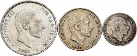 Alfonso XII (1874-1885). Complete series. 1881. Manila. (Cal-94/105/114). Ag. Lot of 3 coins. F/Almost VF. Est...80,00. 


 SPANISH DESCRIPTION: Ce...