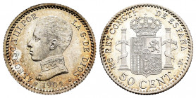 Alfonso XIII (1886-1931). 50 centimos. 1904*0-4. Madrid. SMV. (Cal-46). Ag. 2,54 g. Original luster. Mint State. Est...25,00. 


 SPANISH DESCRIPTI...