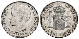 Alfonso XIII (1886-1931). 1 peseta. 1899*18-99. Madrid. SGV. (Cal-57). Ag. 4,90 g. Almost UNC. Est...60,00. 


 SPANISH DESCRIPTION: Centenario de ...
