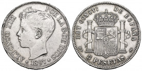 Alfonso XIII (1886-1931). 5 pesetas. 1897*18-97. Madrid. MPM. Ag. 24,56 g. Sevillian counterfeit in silver. Nicks on edge. Est...120,00. 


 SPANIS...