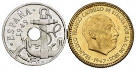 Estado Español (1936-1975). (Cal-151/152). 3,43 g. Lot of 2 coins from the II National Numismatic Exhibition, 50 centimes 1949 *E-51 and 1 peseta 1947...