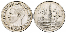 Belgium. Balduino. 50 francs. 1958. (Km-150.1). Ag. 12,44 g. Brussels World Fair. AU. Est...15,00. 


 SPANISH DESCRIPTION: Bélgica. Balduino. 50 f...
