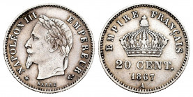 France. Napoleon III. 20 centimes. 1867. Paris. A. (Km-808.1). (Gad-309). Ag. 1,00 g. Choice VF. Est...15,00. 


 SPANISH DESCRIPTION: Francia. Nap...