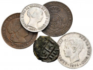 Lot of 5 coins, 8 maravedís of Philip IV (contemporary counterfeit), Elizabeth II 1 céntimo de escudo (2), 1 real 1853 Barcelona (edge welds) and 50 c...
