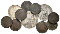 Lot of 11 Spanish coins. 8 coppers of 2 maravedís de Segovia correlative from 1825 to 1832 and 3 silver coins of 2 pesetas 1870 (2), 1 peseta 1933 (1)...