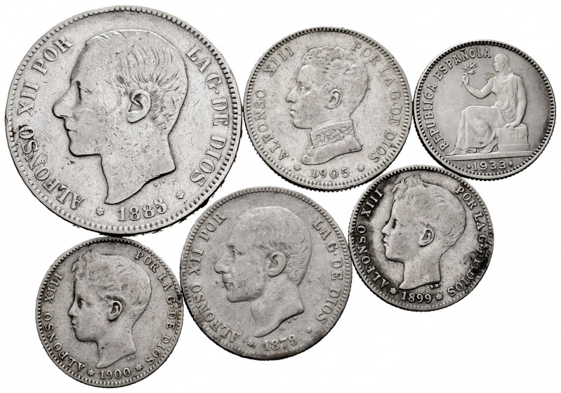 Lot of 6 silver coins of the Centenary of the Peseta. TO EXAMINE. Choice F/Choic...