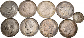 Lot of 9 silver coins, 5 pesetas 1870, 1871, 1876, 1878, 1883, 1889, 1892, 1898, also includes 1 peseta 1933 of the II Republic. TO EXAMINE. Almost VF...