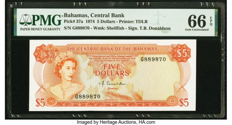 Bahamas Central Bank 5 Dollars 1974 Pick 37a PMG Gem Uncirculated 66 EPQ. 

HID0...