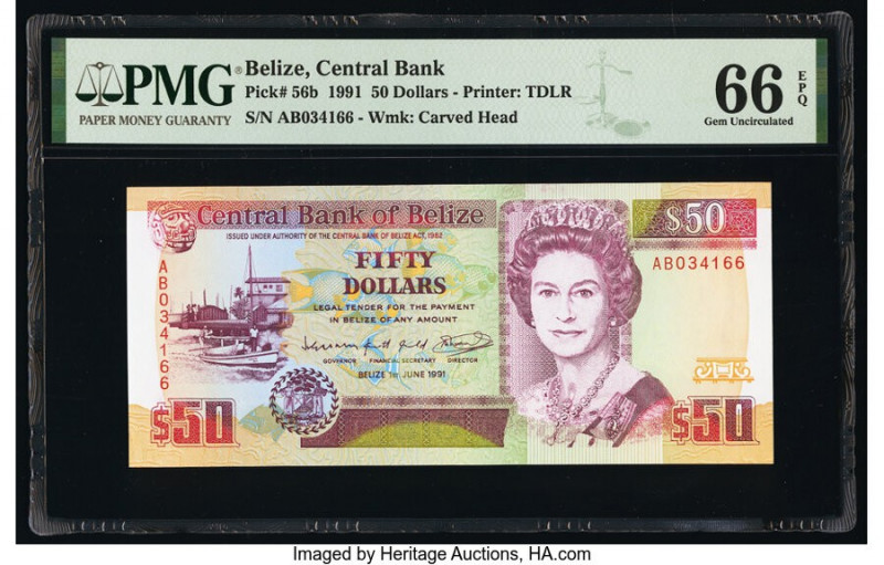 Belize Central Bank 50 Dollars 1.6.1991 Pick 56b PMG Gem Uncirculated 66 EPQ. 

...