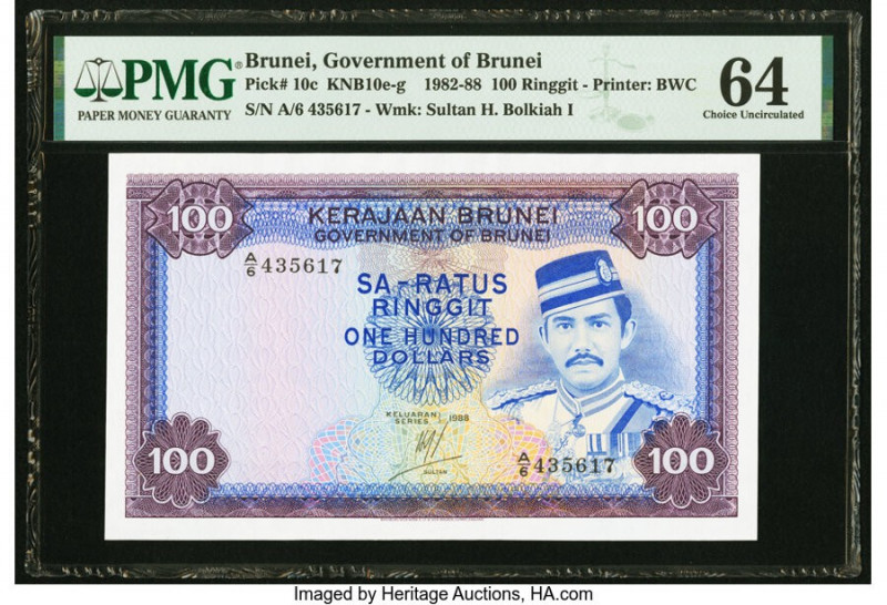 Brunei Government of Brunei 100 Ringgit 1982-88 Pick 10c KNB10 PMG Choice Uncirc...
