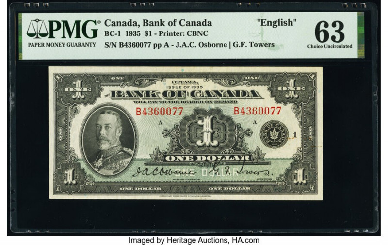 Canada Bank of Canada $1 1935 Pick 38 BC-1 PMG Choice Uncirculated 63. Minor rus...