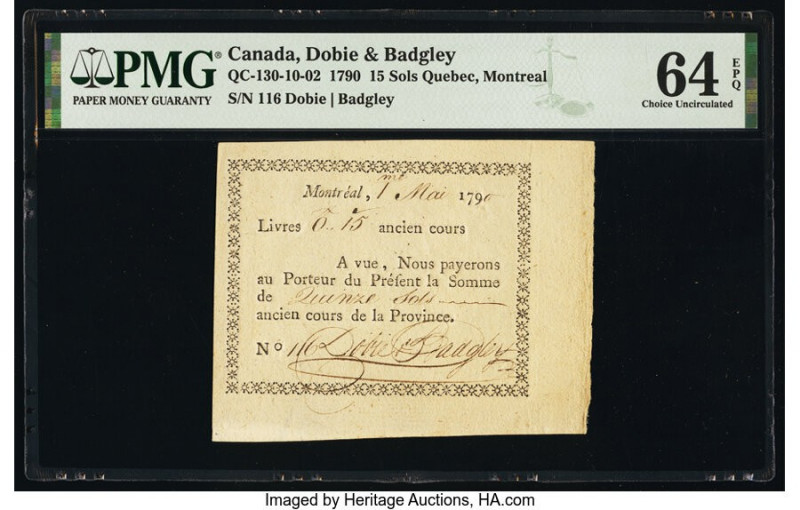 Canada Dobie & Badgley 15 Sols 1.5.1790 QC-130-10-02 PMG Choice Uncirculated 64 ...