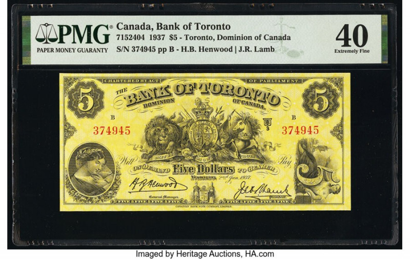 Canada Toronto, ON- Bank of Toronto $5 2.1.1937 Pick S691b Ch.# 715-24-04 PMG Ex...