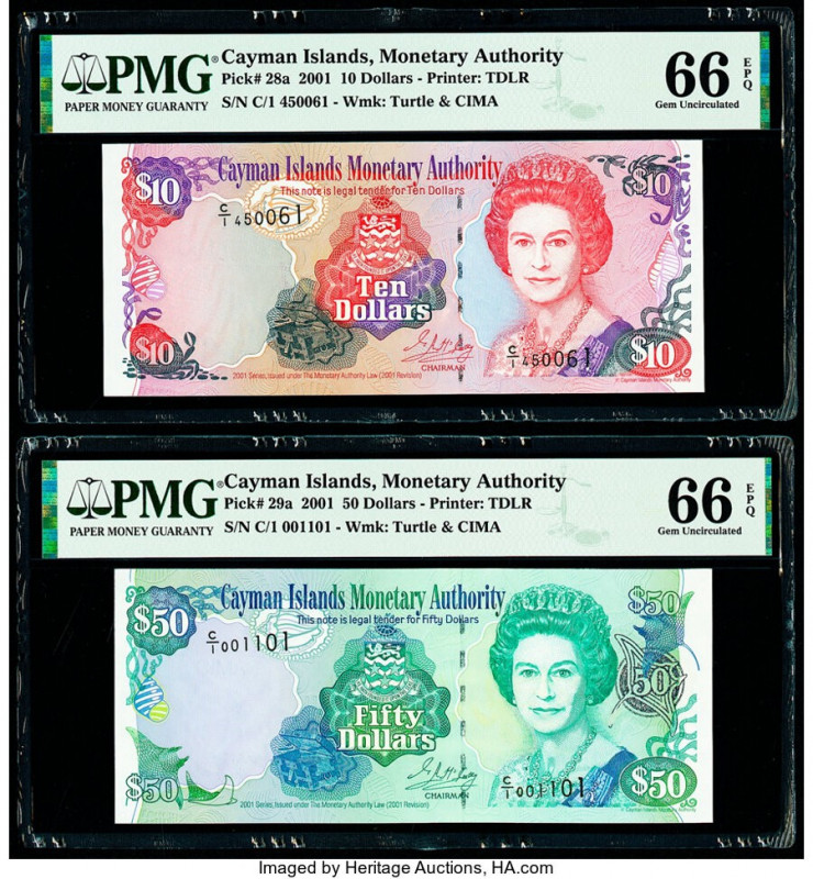 Cayman Islands Monetary Authority 10; 50 Dollars 2001 Pick 28a; 29a Two Examples...
