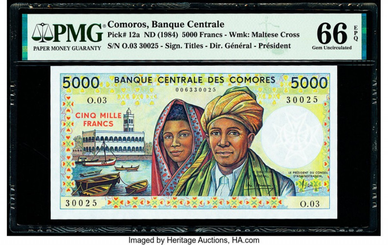 Comoros Banque Centrale Des Comores 5000 Francs ND (1984) Pick 12a PMG Gem Uncir...