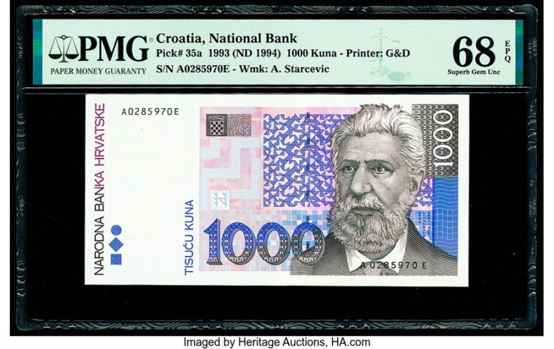 Croatia National Bank of Croatia 1000 Kuna 1993 (ND 1994) Pick 35a PMG Superb Ge...