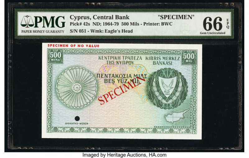 Cyprus Central Bank of Cyprus 500 Mils ND (1964-79) Pick 42s Specimen PMG Gem Un...