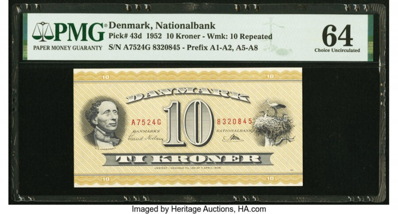 Denmark National Bank 10 Kroner 1952 Pick 43d PMG Choice Uncirculated 64. Previo...