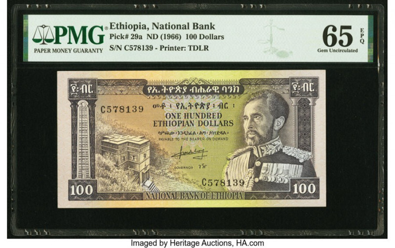 Ethiopia National Bank 100 Dollars ND (1966) Pick 29a PMG Gem Uncirculated 65 EP...