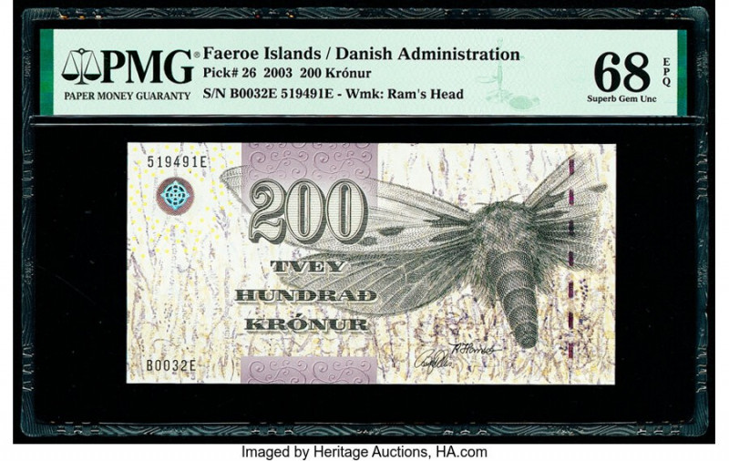 Faeroe Islands Foroyar 200 Kronur 2003 Pick 26 PMG Superb Gem Unc 68 EPQ. 

HID0...