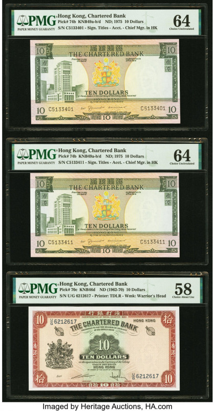 Hong Kong Chartered Bank 10 Dollars ND (1962-1975) Pick 74b (2); 70c Three Examp...