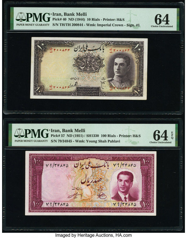 Iran Bank Melli 10; 100 Rials ND (1944); ND (1951) Pick 40; 57 Two Examples PMG ...