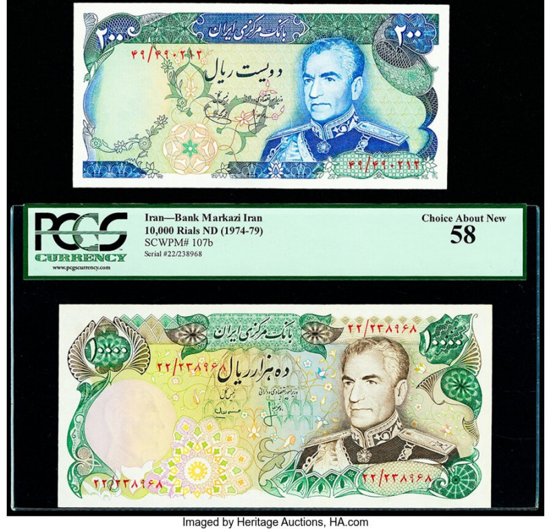 Iran Bank Markazi 200; 10,000 Rials ND (1974-79) Pick 103a; 107b Two Examples Ab...
