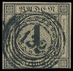 Markenausgaben
Baden
1851, 1 Kreuzer 1. Auflage, schwarz auf hellgraugelb, dreiseitig breitrandig, rechts unten leicht berührt, mit sauber und zentr...
