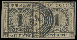 Markenausgaben
Baden
1852, 1 Kreuzer 2. Auflage, schwarz auf gelbbraun, meist voll- bis überrandiges waagerechtes Paar mit Teilen verschiedener Nach...