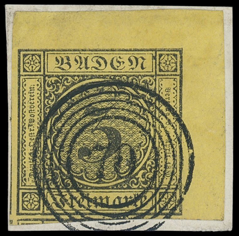Markenausgaben
Baden
1852, 3 Kreuzer 2. Auflage, schwarz auf gelb, farbfrisch ...