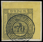 Markenausgaben
Baden
1852, 3 Kreuzer 2. Auflage, schwarz auf gelb, farbfrisch und allseits überrandig geschnitten (mit großer rechter oberer Bogenec...