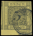 Markenausgaben
Baden
1851, 3 Kreuzer schwarz auf gelb, 2. Auflage, rechte untere Bogenecke mit Teilen der Nebenmarken links und oben, mit NS "79". A...