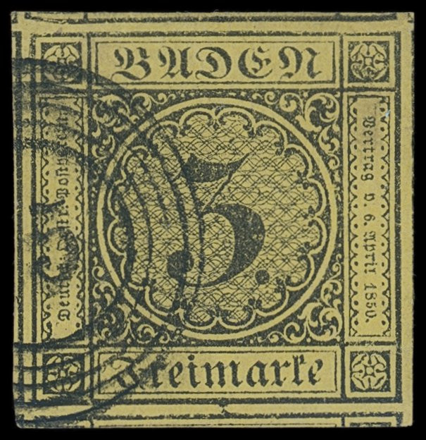 Markenausgaben
Baden
1852, 3 Kreuzer 2. Auflage, schwarz auf gelb, überrandige...