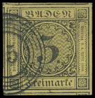 Markenausgaben
Baden
1852, 3 Kreuzer 2. Auflage, schwarz auf gelb, überrandiges Luxusstück mit Teilen von sieben Nachbarmarken und sauberem NS. Ausn...