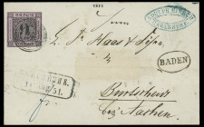 Markenausgaben
Baden
1851, 9 Kreuzer schwarz auf altrosa, allseits noch voll- breitrandig, mit sauberem NS "28" und Aufgabe-Ra2 "CARLSRUHE 11 AUG. 5...