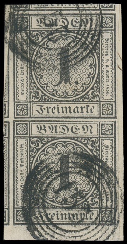 Markenausgaben
Baden
1853, 1 Kreuzer schwarz, allseits breit- bis überrandiges...