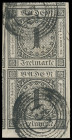 Markenausgaben
Baden
1853, 1 Kreuzer schwarz, allseits breit- bis überrandiges senkrechtes Paar vom Unterrand mit 3,5 mm Bogenrand unten sowie Teile...
