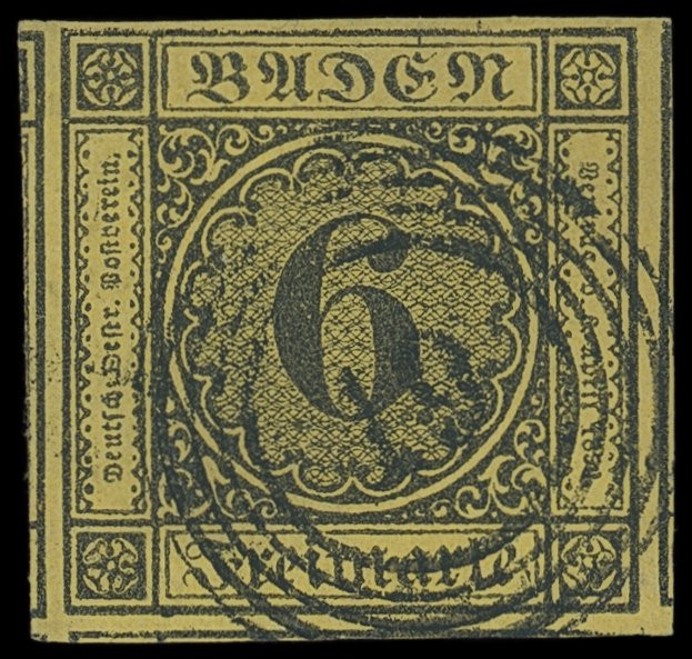 Markenausgaben
Baden
1854, 6 Kreuzer schwarz auf gelb, allseits breit- bis übe...