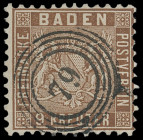 Markenausgaben
Baden
1862, 1 Kreuzer bis 9 Kreuzer farbiger Grund, weit gezähnt, komplette Ausgabe sehr schön, Kabinett. Mi. mindestens 330