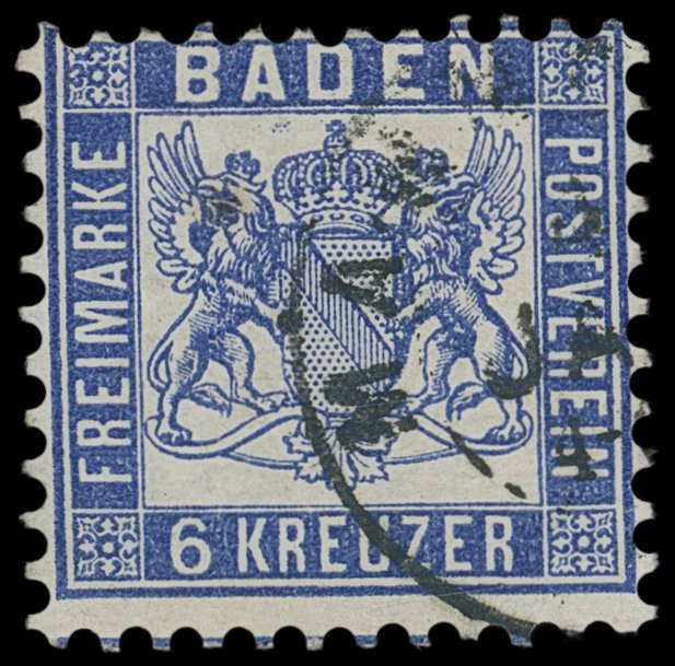 Markenausgaben
Baden
1865, 6 Kreuzer seltene Farbe dunkelkobalt, mit sauberem ...