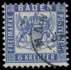 Markenausgaben
Baden
1865, 6 Kreuzer seltene Farbe dunkelkobalt, mit sauberem K2 "MANNHEIM 4 JAN", Kabinett. Signatur Brettl BPP, Fotoattest Franz S...