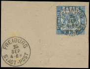 Markenausgaben
Baden
1868, 7 KR. blau, mit idealem K1 "FREIBURG 25 SEP" auf größerem Luxus-Briefstück.