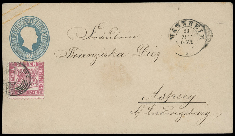 Ganzsachen
Baden
1858/62, 3 Kreuzer Ganzsachen-Kuvert, preußischblau kleines F...