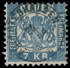 Stempel
Baden
"AGLASTERHAUSEN" K2 sehr sauber und genau zentrisch auf 7 KR. blau, sowie K2 "OSTERBURKEN" auf der gleichen Marke in etwas anderer Nua...